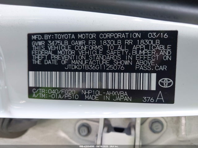 JTDKDTB36G1125076 Toyota Prius C Two