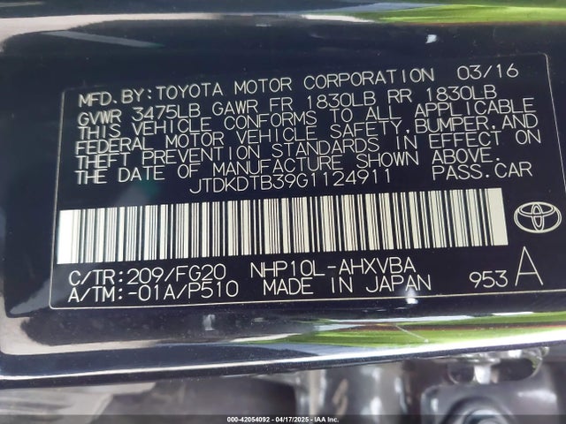 JTDKDTB39G1124911 Toyota Prius C Two