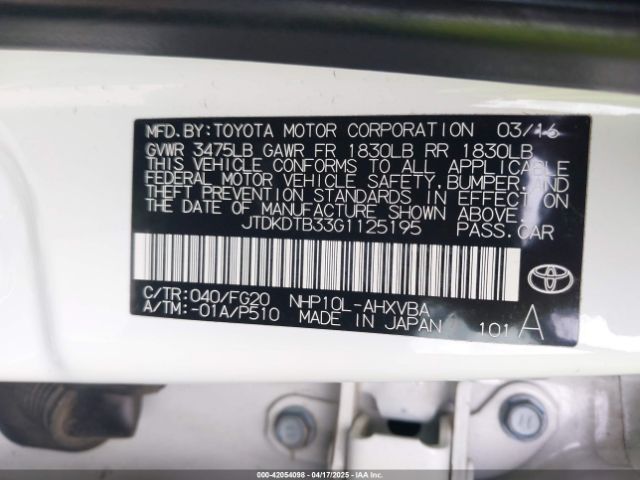 JTDKDTB33G1125195 Toyota Prius C Two