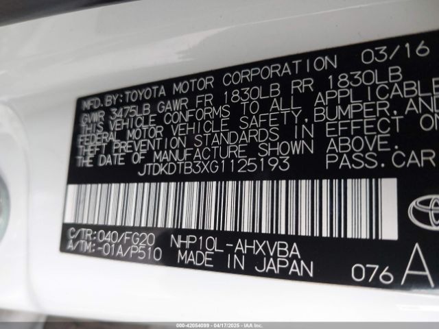 JTDKDTB3XG1125193 Toyota Prius C Two