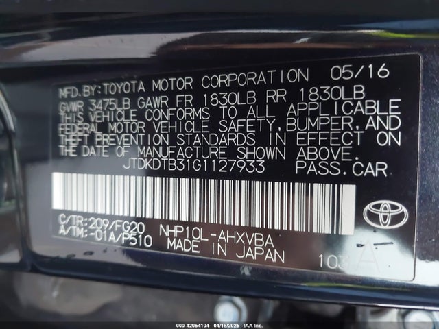 JTDKDTB31G1127933 Toyota 1nz-fxe+1lm