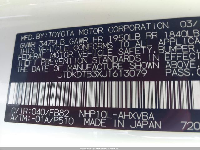 JTDKDTB3XJ1613079 Toyota Prius C Two