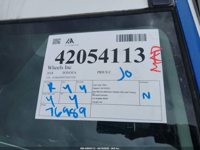 JTDKDTB37J1615520 Toyota Prius C Two