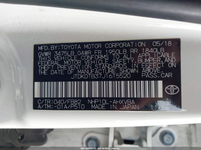JTDKDTB37J1615520 Toyota Prius C Two