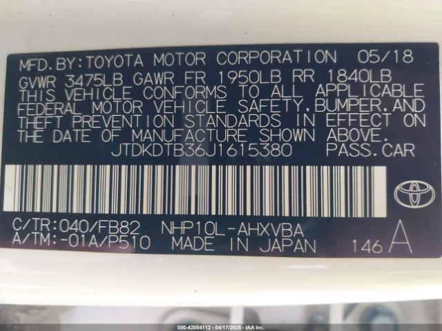 JTDKDTB36J1615380 Toyota Prius C Two