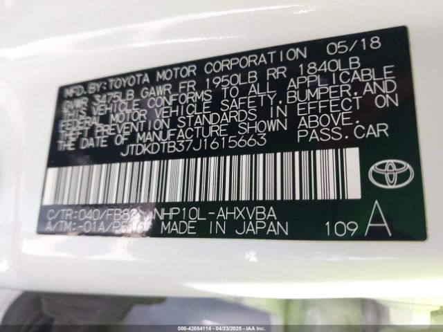 JTDKDTB37J1615663 Toyota Prius C Two