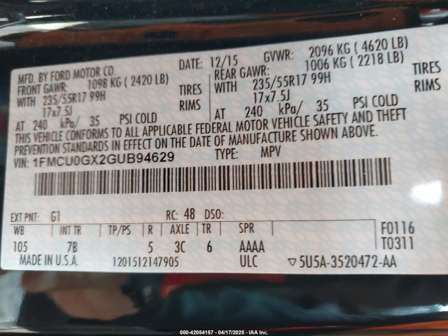 1FMCU0GX2GUB94629 Ford ESCAPE SE
