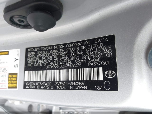 JTDKARFU2G3509276 Toyota 2zr-fxe,1nm