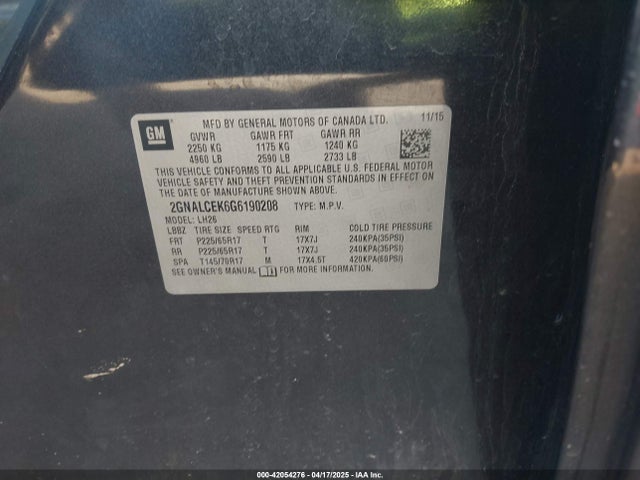 2GNALCEK6G6190208 Chevrolet EQUINOX LT