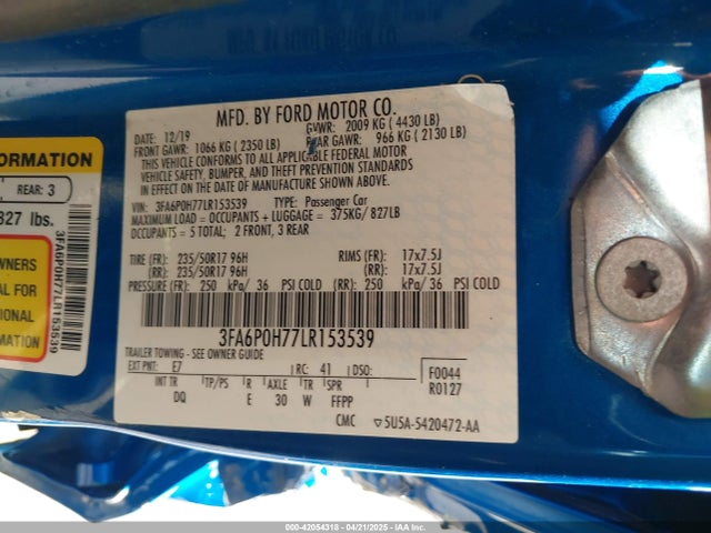 Ford FUSION SE 2020 3FA6P0H77LR153539 Image 9