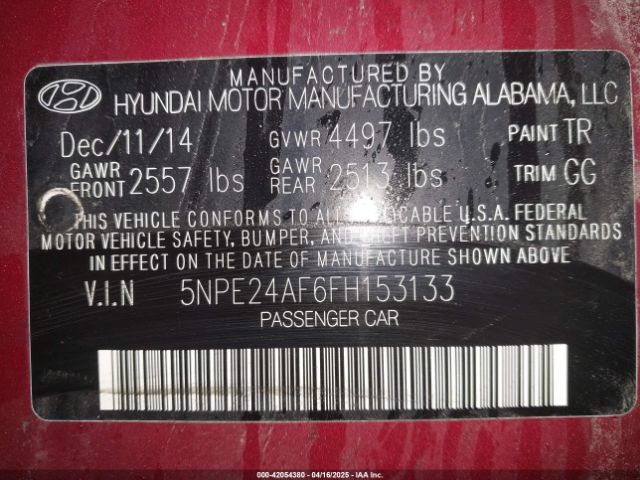 5NPE24AF6FH153133 Hyundai SONATA SE