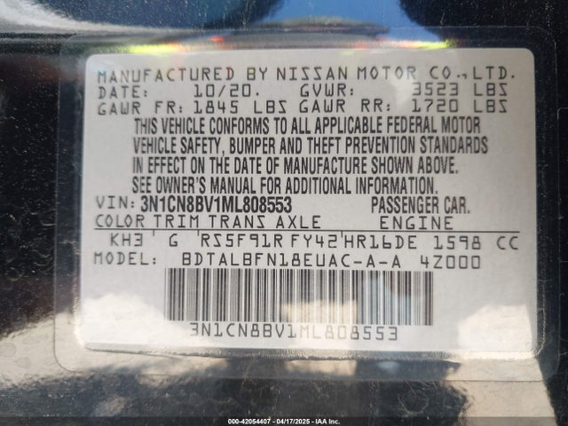 3N1CN8BV1ML808553 Nissan Versa S 5-speed Manual Transmission
