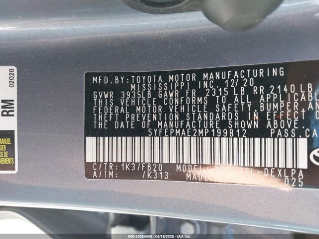 5YFEPMAE2MP199812 Toyota COROLLA LE