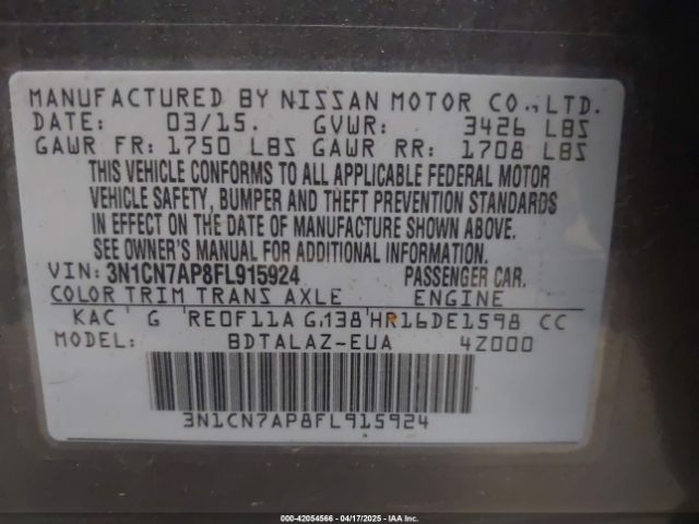 3N1CN7AP8FL915924 Nissan Versa 1.6 S+