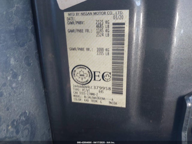 Nissan Maxima Sl Xtronic Cvt 2020 1N4AA6DV4LC379958 Image 9