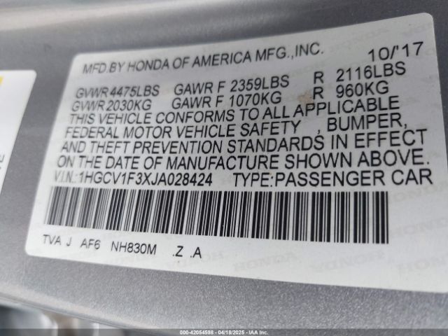 1HGCV1F3XJA028424 Honda Accord Sport
