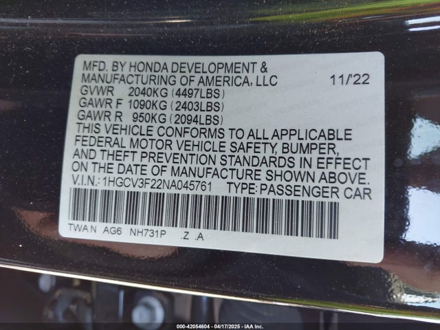 Honda lfb2 2022 1HGCV3F22NA045761 Image 9