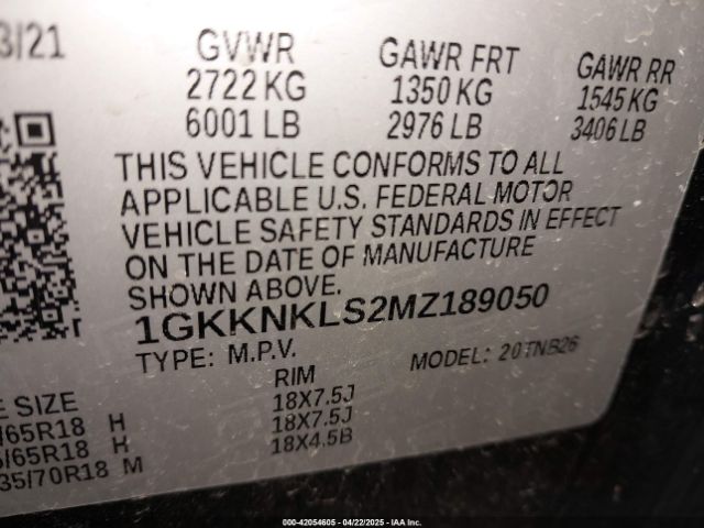 1GKKNKLS2MZ189050 GMC Acadia Fwd Sle