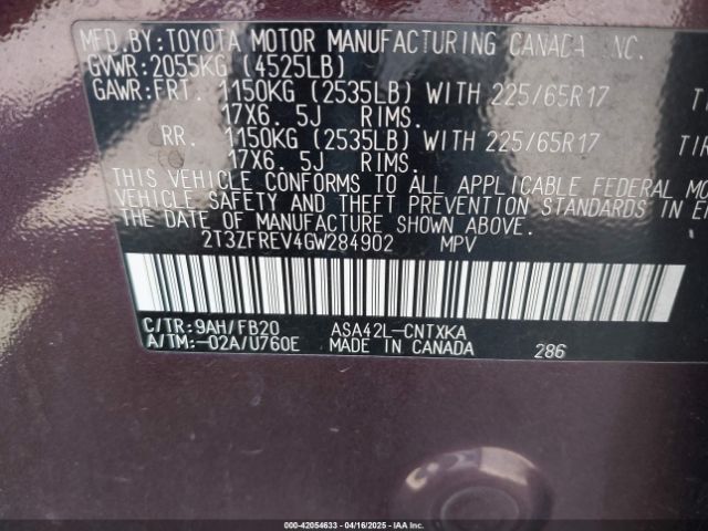 2T3ZFREV4GW284902 Toyota RAV4 LE