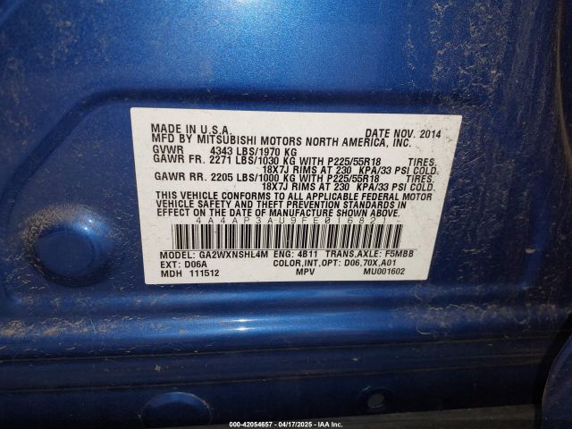 4A4AP3AU9FE016821 Mitsubishi Outlander Sport Es