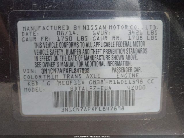 3N1CN7APXFL847898 Nissan Versa 1.6 S/1.6 S+/1.6 Sl/1.6 Sv