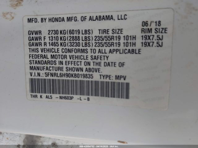 5FNRL6H90KB019835 Honda Odyssey Elite