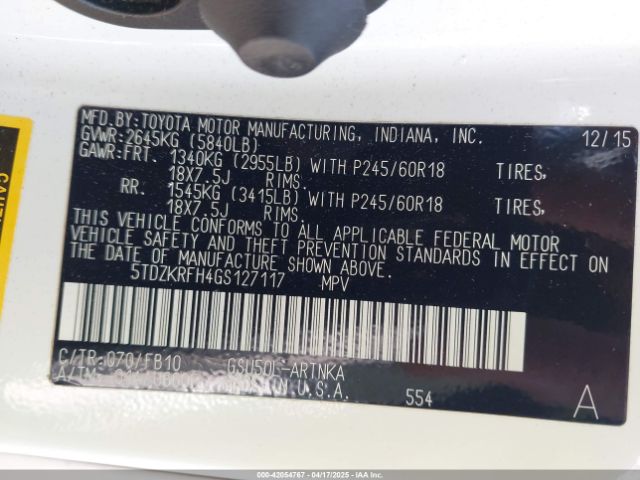 2016 TOYOTA HIGHLANDER 5TDZKRFH4GS127117 Photo 8