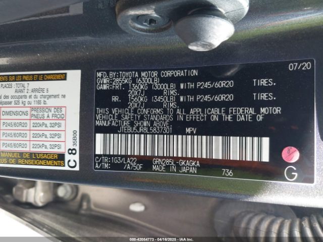 JTEBU5JR8L5837301 Toyota 4runner Limited