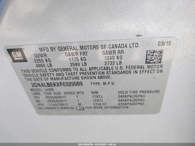 2GNALBEKXF6329989 Chevrolet EQUINOX 1LT