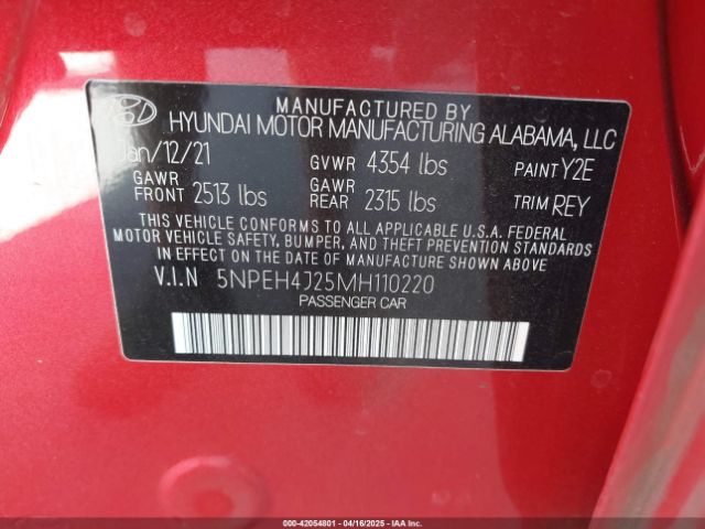 5NPEH4J25MH110220 Hyundai Sonata Limited