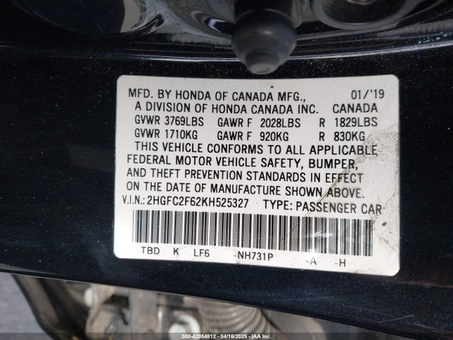 Honda Civic Lx 2019 2HGFC2F62KH525327 Image 9