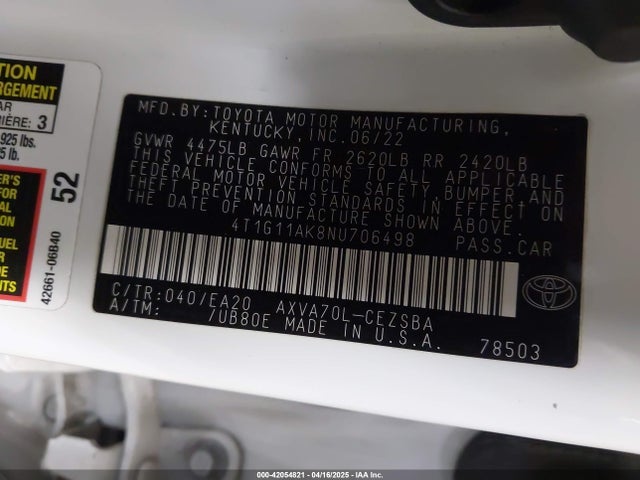 4T1G11AK8NU706498 Toyota CAMRY SE