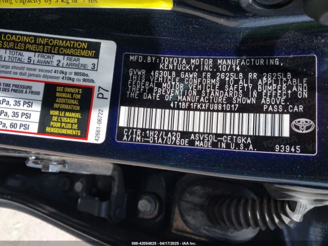4T1BF1FKXFU881017 Toyota CAMRY XLE