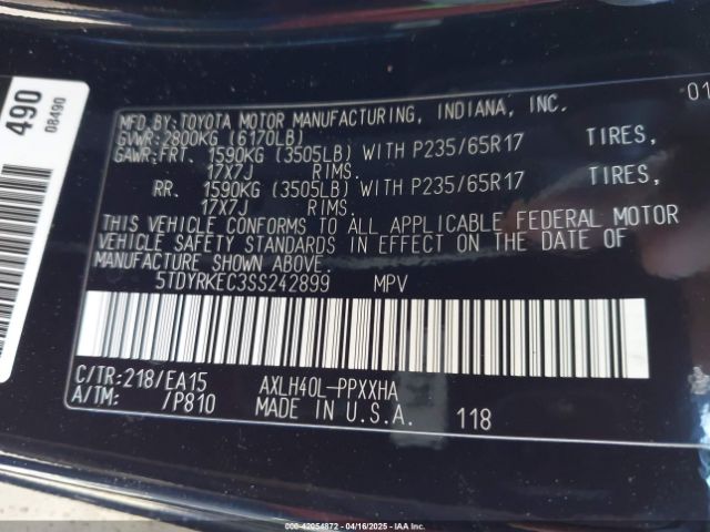 5TDYRKEC3SS242899 Toyota SIENNA XLE