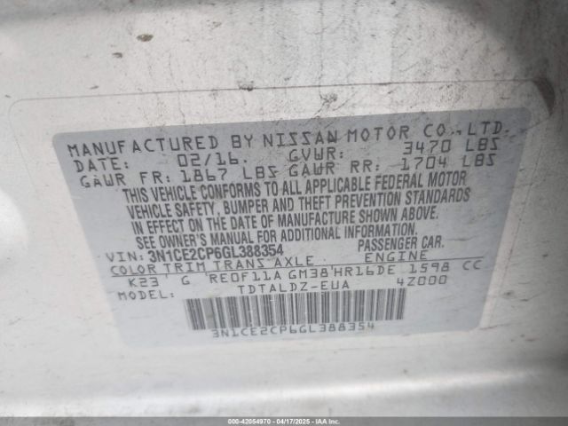 3N1CE2CP6GL388354 Nissan Versa Note S (sr)/s Plus/sl/sr/sv