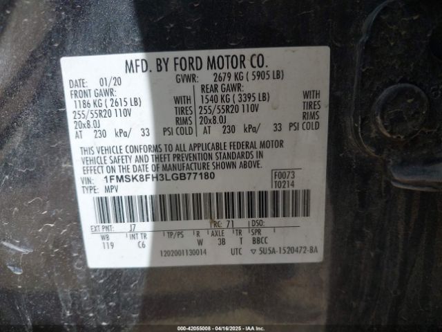1FMSK8FH3LGB77180 Ford Explorer Limited