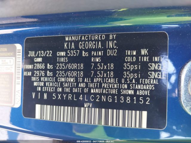 5XYRL4LC2NG138152 KIA SORENTO S