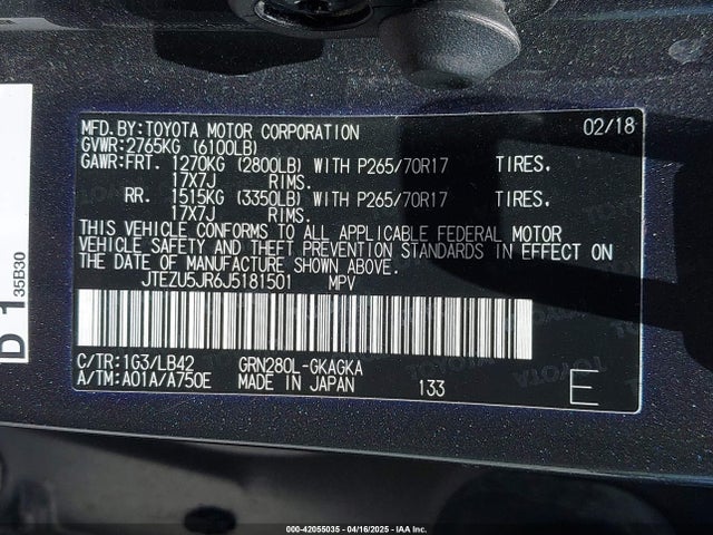 JTEZU5JR6J5181501 Toyota 4runner Sr5 Premium
