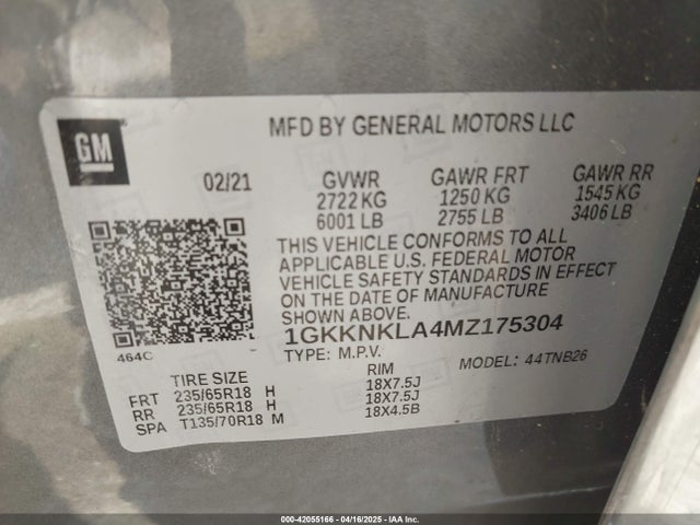 Aukcja sprzedaży 2021 Gmc Acadia Fwd Sle, vin: 1GKKNKLA4MZ175304, numer aukcji: 42055166