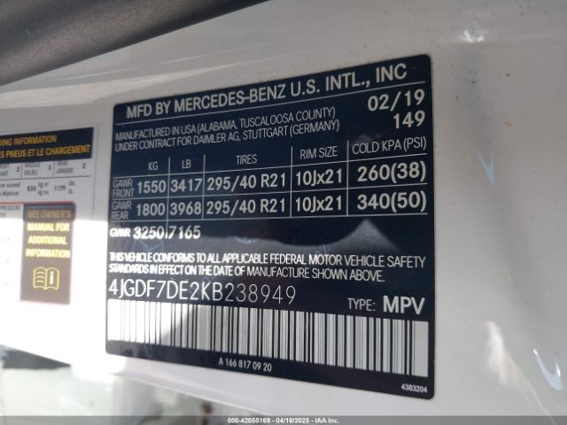 4JGDF7DE2KB238949 Mercedes-Benz Gls 550 4matic