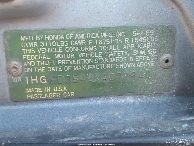 1989 HONDA CIVIC 1HGED3542KA077944 Photo 8