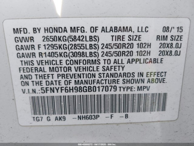 5FNYF6H98GB017079 Honda Pilot Touring