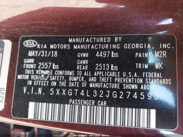 5XXGT4L32JG274593 KIA Optima Lx