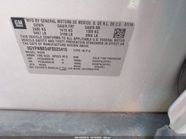 3GYFNBE34FS523415 Cadillac Srx Luxury Collection