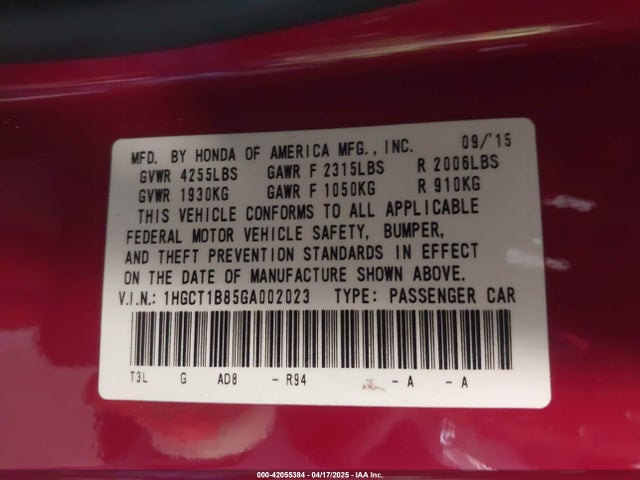 1HGCT1B85GA002023 Honda Accord Ex-l