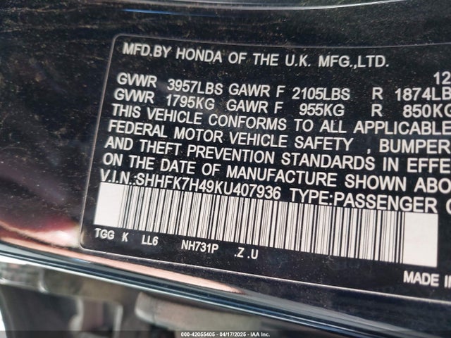 SHHFK7H49KU407936 Honda Civic Sport