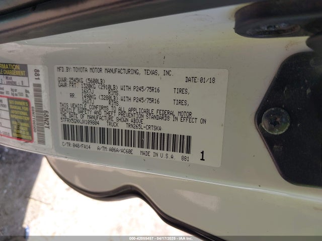 5TFRX5GNXJX109804 Toyota 2tr-fe