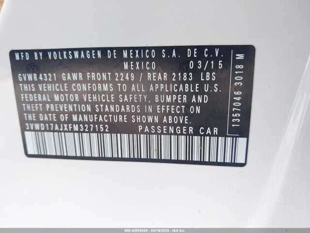 3VWD17AJXFM327152 Volkswagen Jetta 1.8t Se