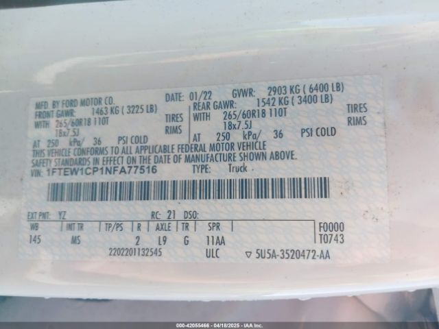 1FTEW1CP1NFA77516 Ford F-150 Xlt