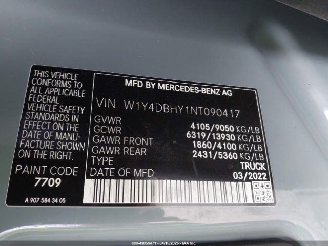 W1Y4DBHY1NT090417 Mercedes-Benz Sprinter 2500 Standard Roof I4 Diesel